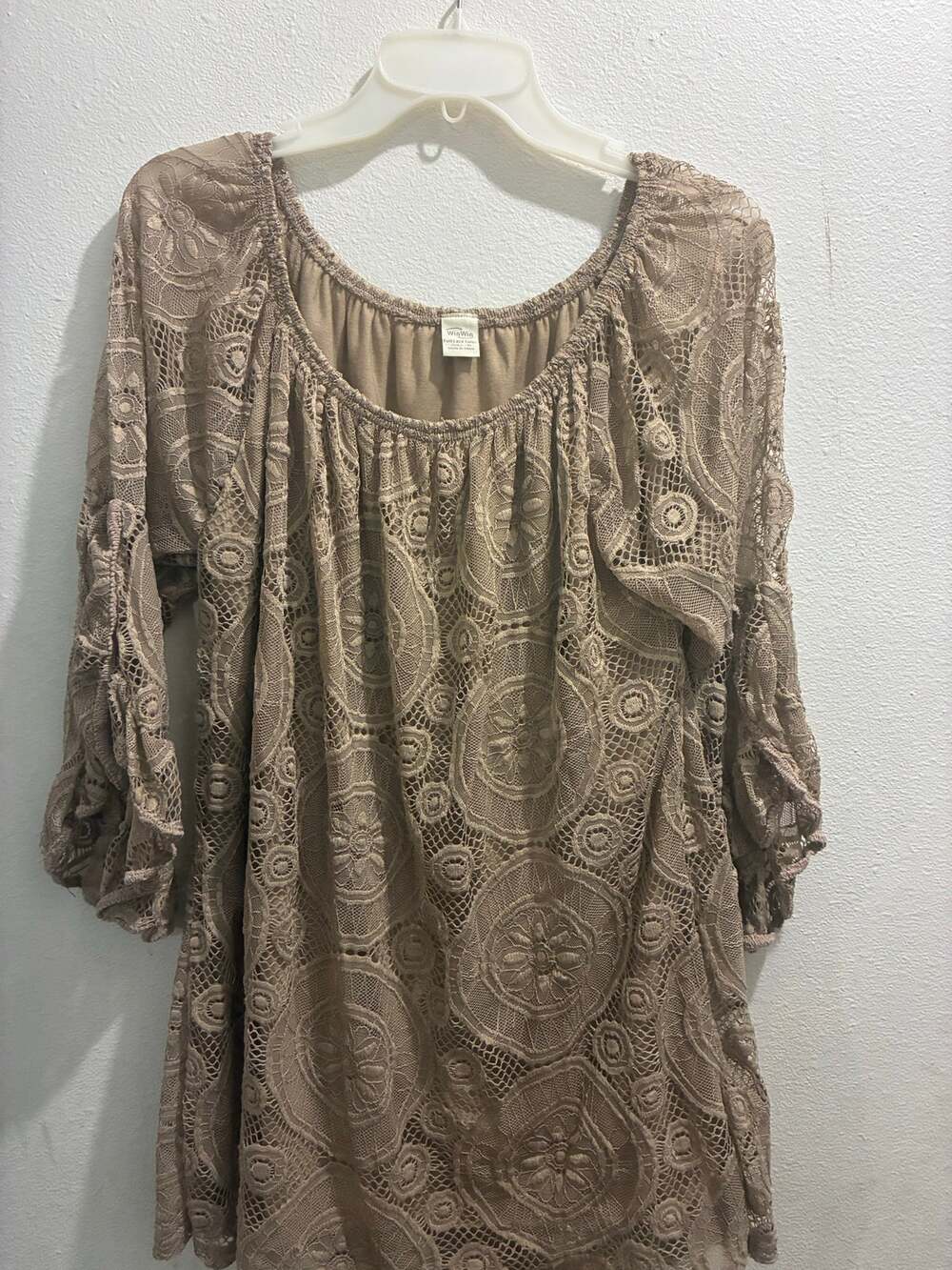 Win Win Women's L/XL Lace Peasant boho Cottagecore Blouse Tunic Tan Beige